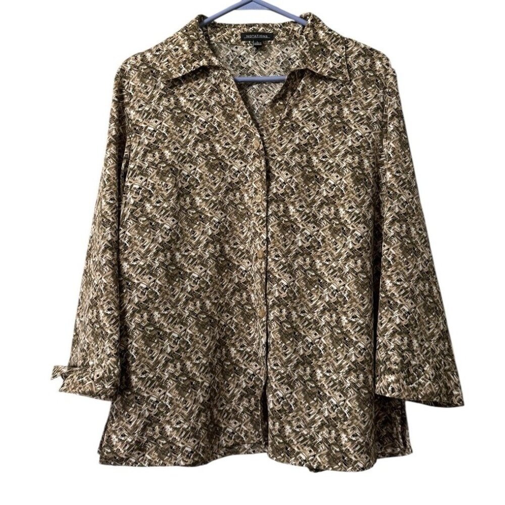 Notations Button Down Blouse Brown‎ Long Sleeve Collared Shirt Women Size Large